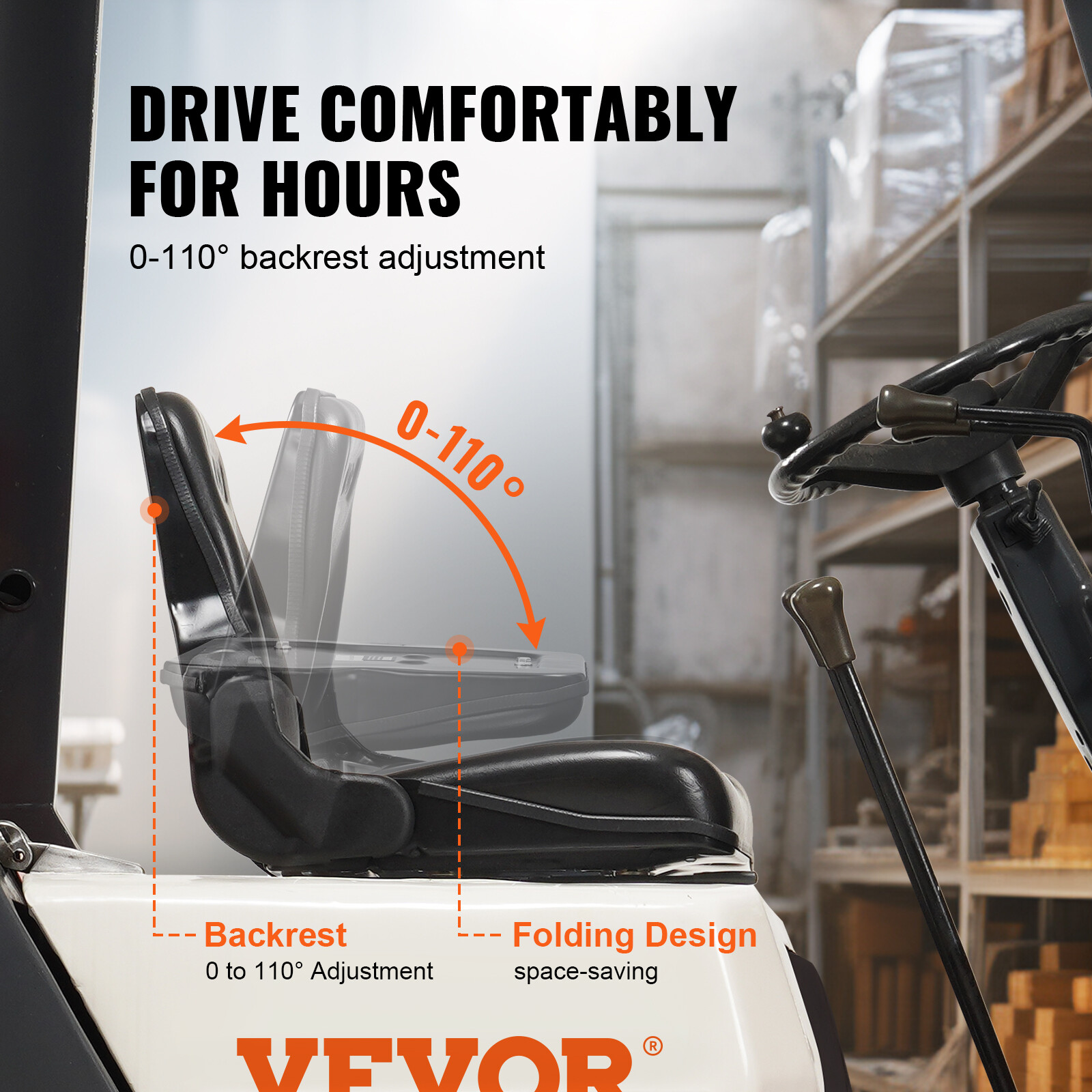 VEVOR Universal Forklift Seat Fold Down Tractor Seat with Adjustable Angle Back