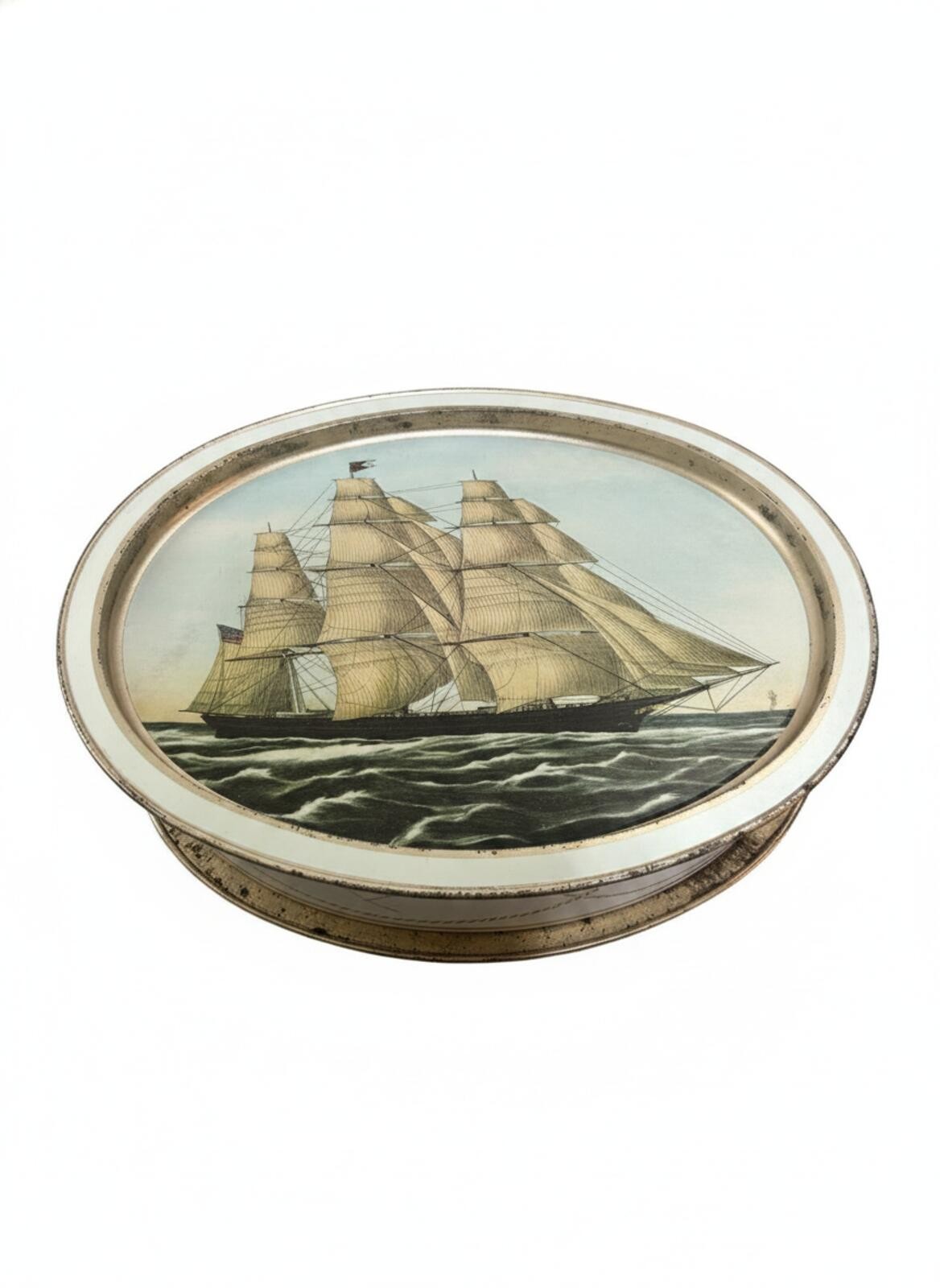 Round Decorative Metal Tin with Clipper Ship Lid