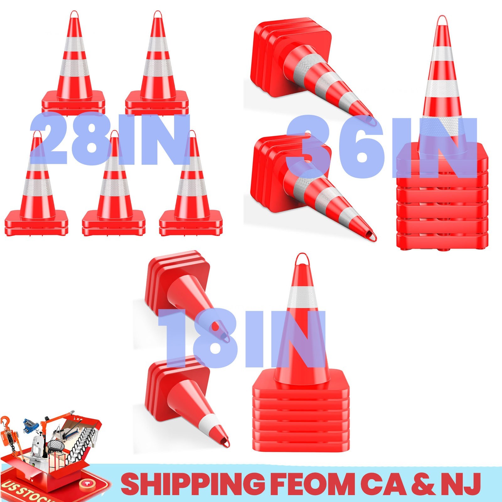 12PCS 18"/28"/36 "Traffic Safety Cones  w/Reflective Collar PVC Parking Cones