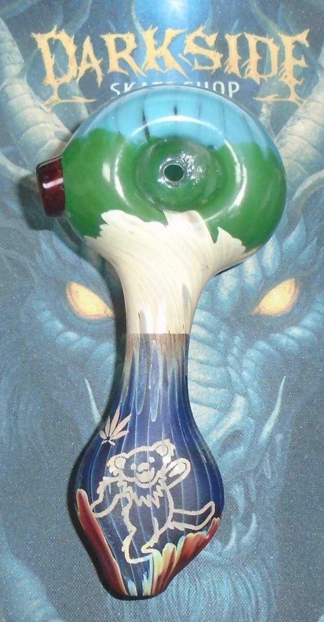 Grateful Dead Dancing Bear Etched  Blown Glass Pipe USA Made Northern Cali