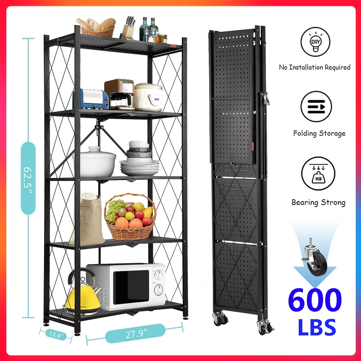 4/5-Tier Heavy-Duty Storage Rack Foldable Shelving Wheels Kitchen & Garage Metal