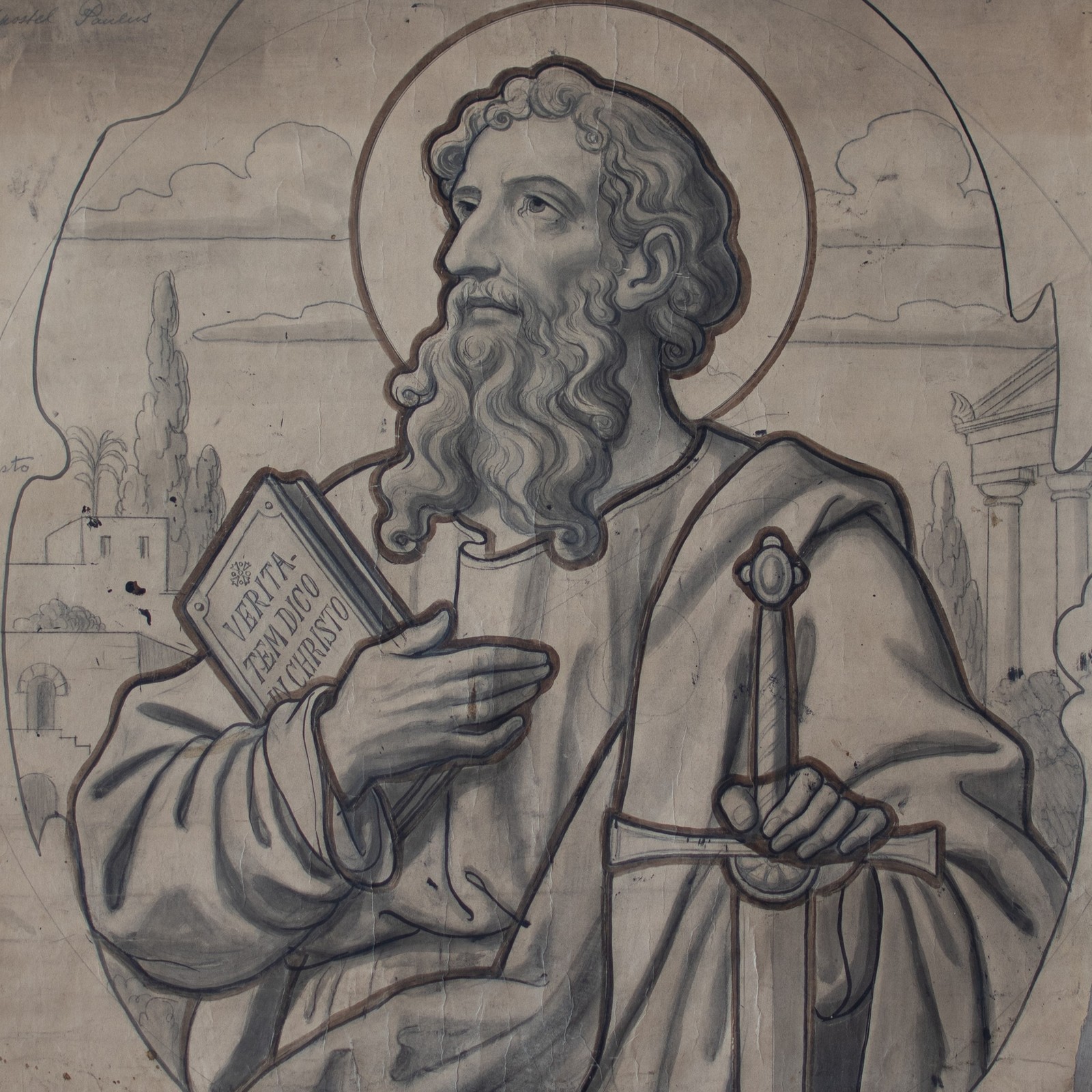 Stained glass religion Zurich manufactory Huber-Stutz Apostle Paul watercolor around 1900