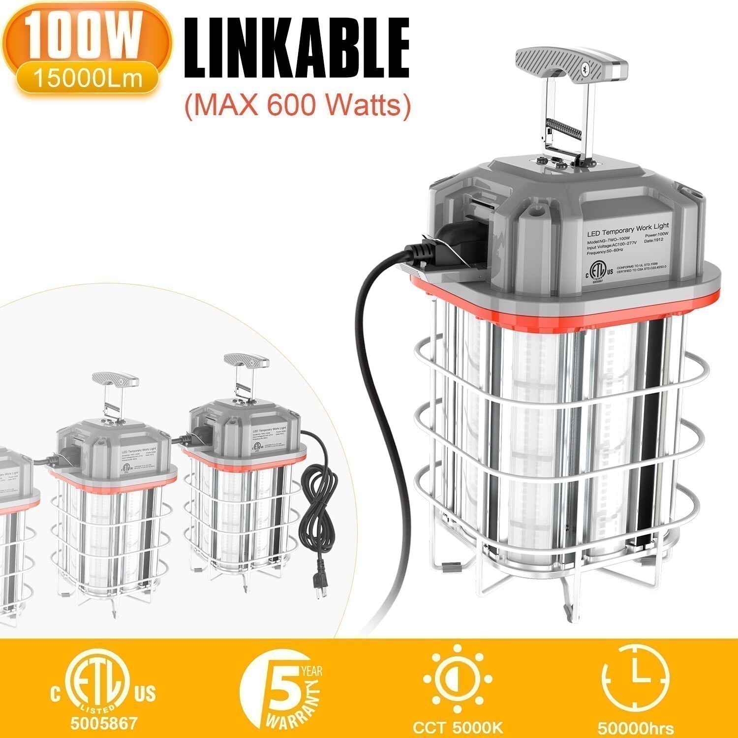 Linkable LED Temporary Work Light 100W Industrial High Bay Work Shop Lamp 5000K