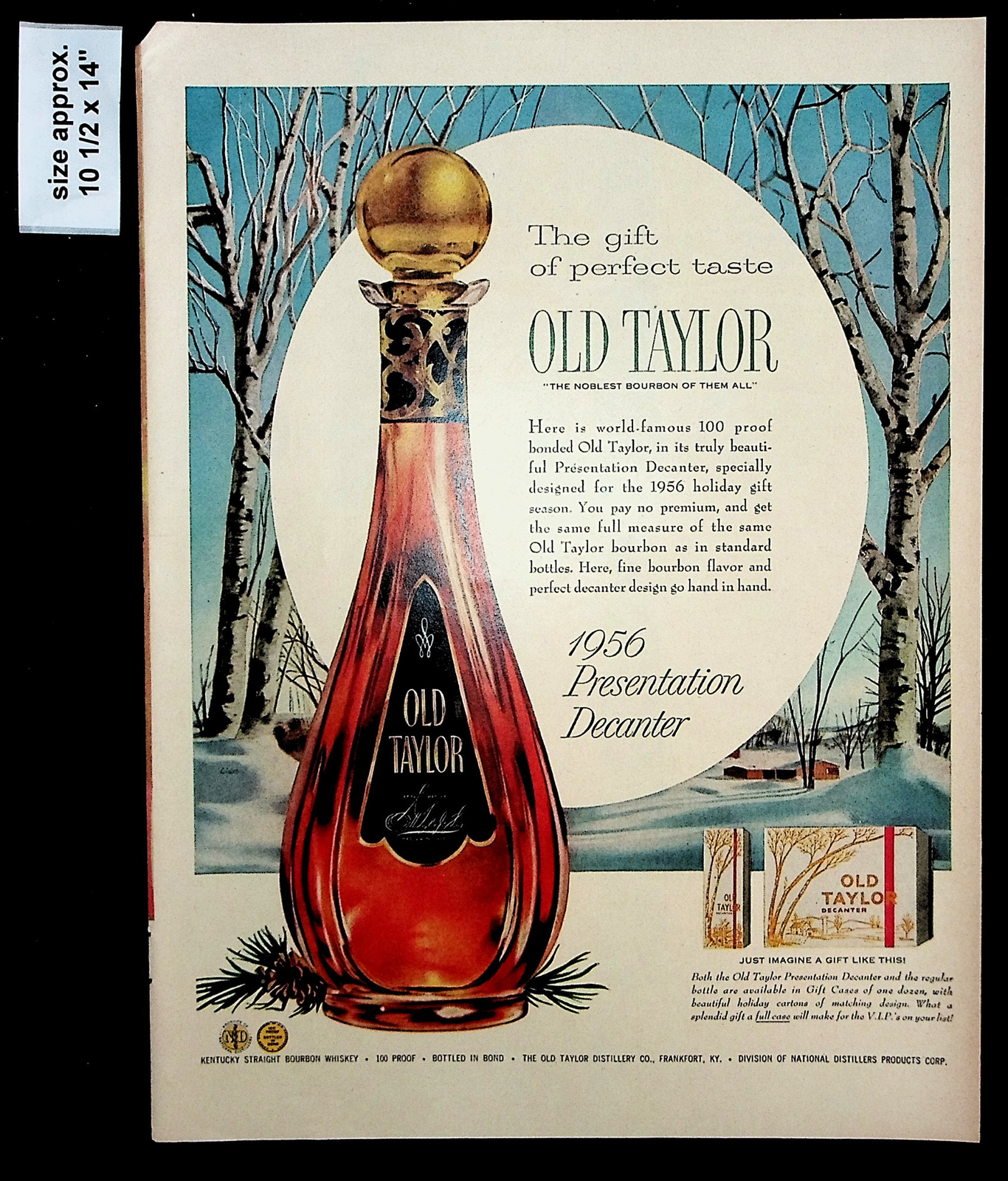 1956 Old Taylor Bourbon Presentation Decanter Winter Snow Vintage Print Ad 37031