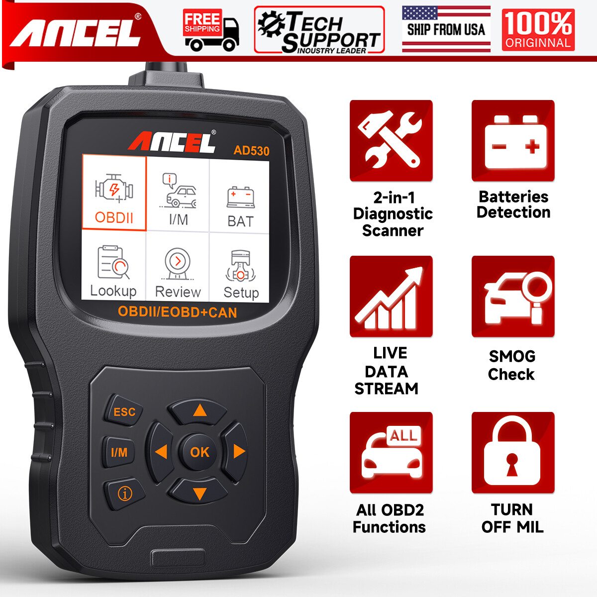 ANCEL AD530 OBD2 Scanner Diagnostic Tool Battery Test Engine Light Code Reader