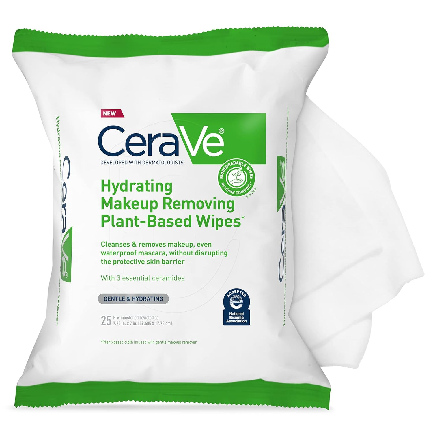 CeraVe Biodegradable Makeup Remover Wipes for Sensitive Skin, 25 Ct