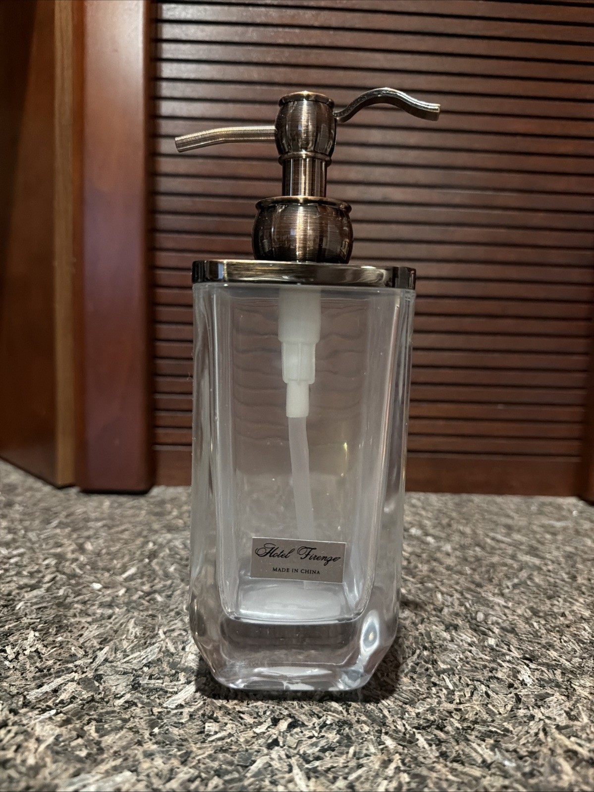 HOTEL FIRENZE THICK HEAVY CLEAR GLASS,COPPER,BRONZE,BROWN METAL SOAP DISPENSER