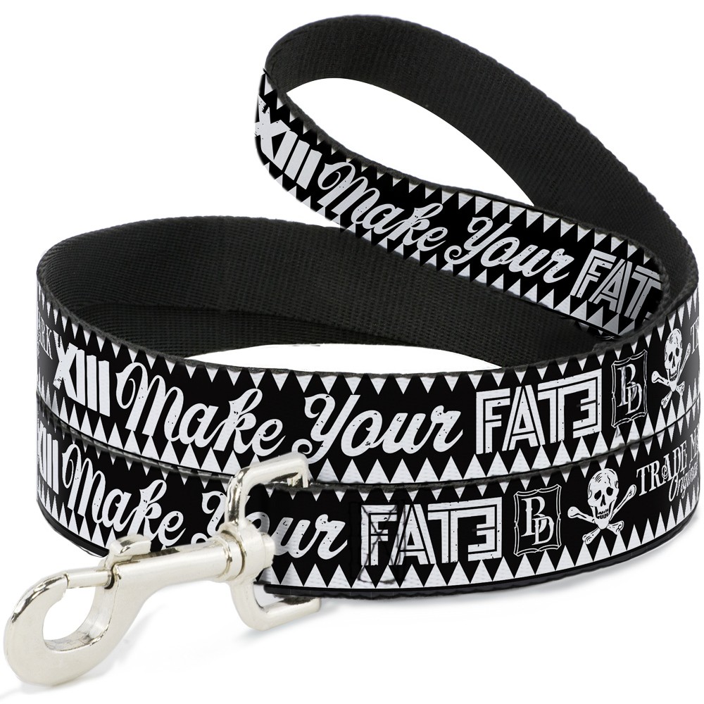 Dog Leash BD Skull MAKE YOUR FATE Black/White NARROW 0.5"