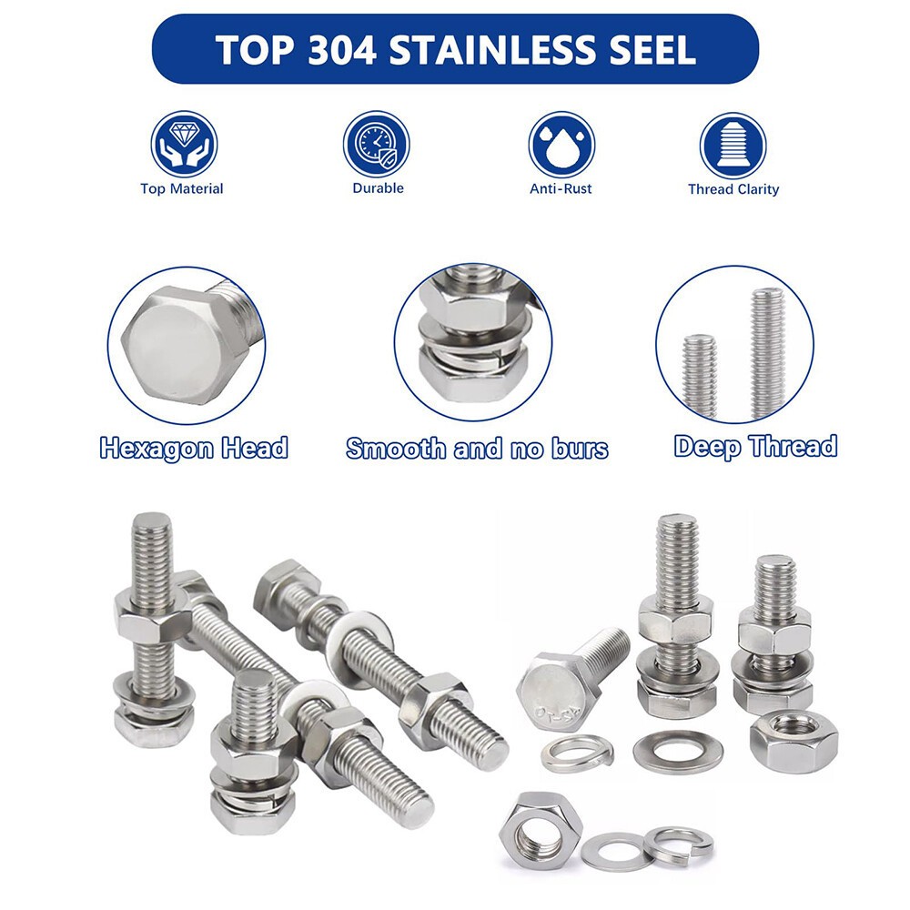 64pcs 3/8-16 Hex Head Bolt Nut Flat & Lock Washer Assortment Kit Stainless Steel