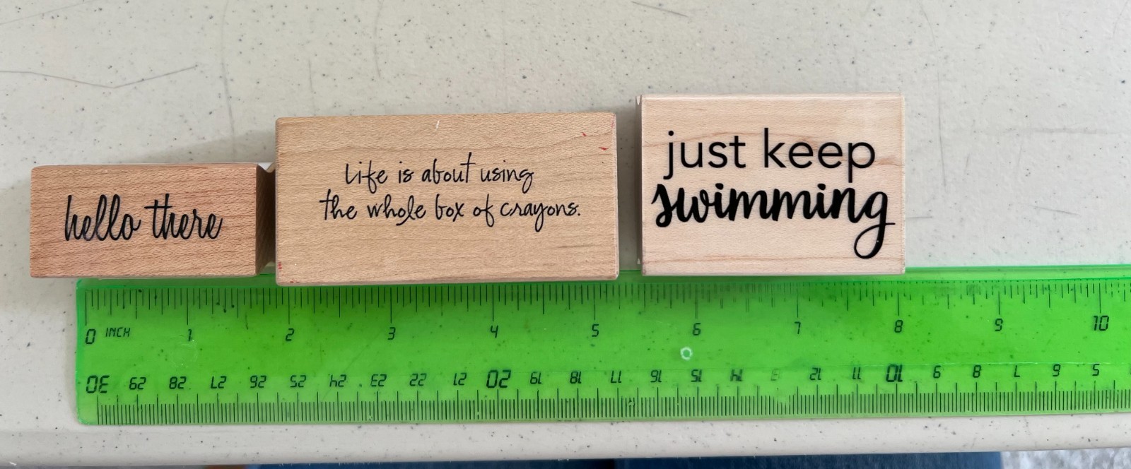 LOT 3 Wood mounted rubber stamps Hello There just keep swimming Life is crayons