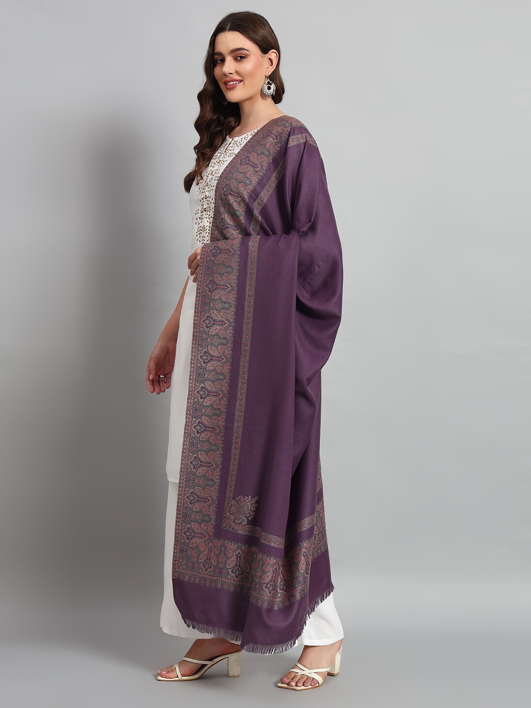 Paisley Wool Jamavar Scarf or Shawl Purple & Silver Jamawar Wrap Pashmina Shawl