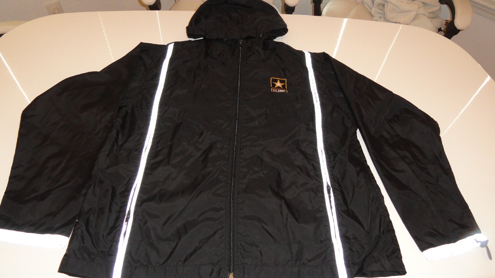 US ARMY BLACK REFLECTIVE ZIP UP HOODIE WINDBREAKER WATER RESISTANT JACKET LARGE
