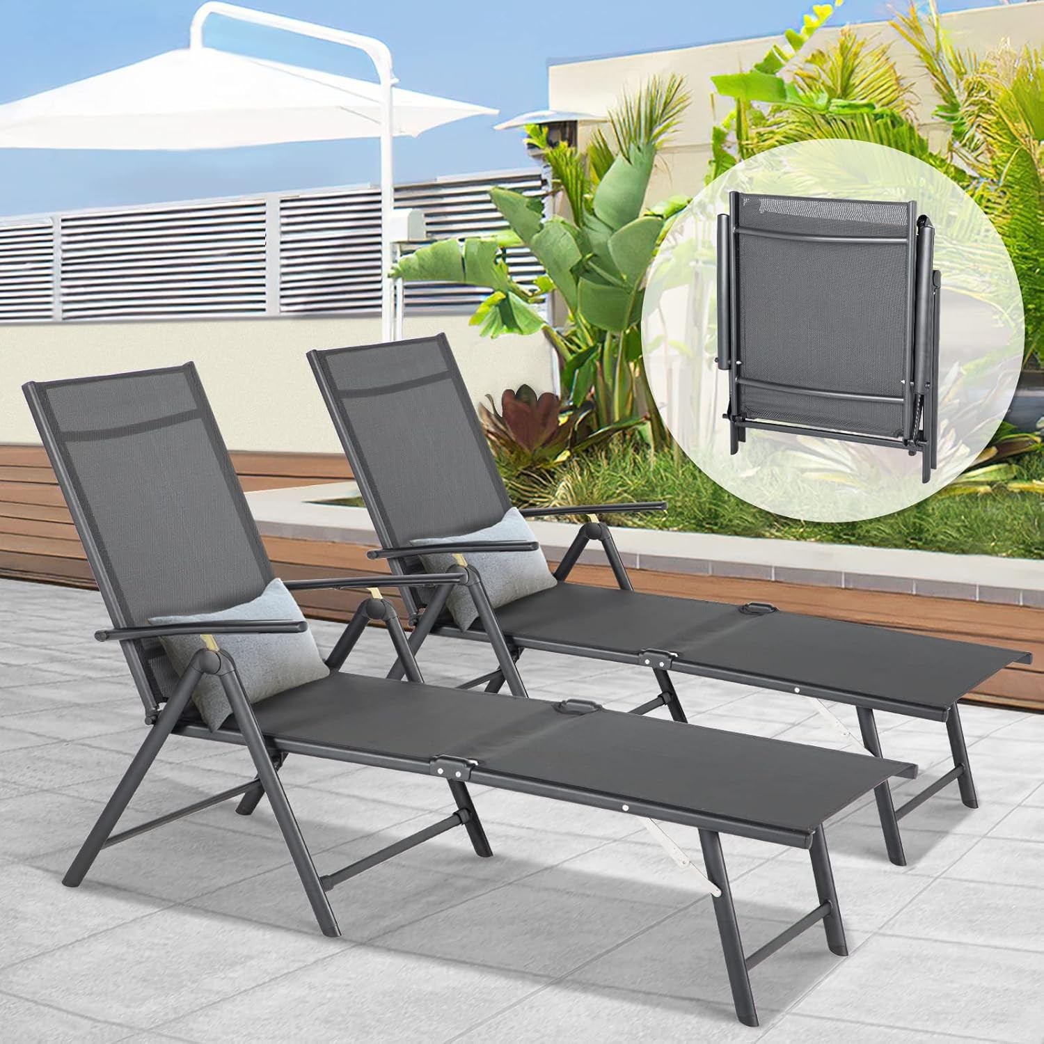 2 Piece Folding Reclining Chaise Lounge Set Outdoor Patio Pool Sun Lounger 370lb