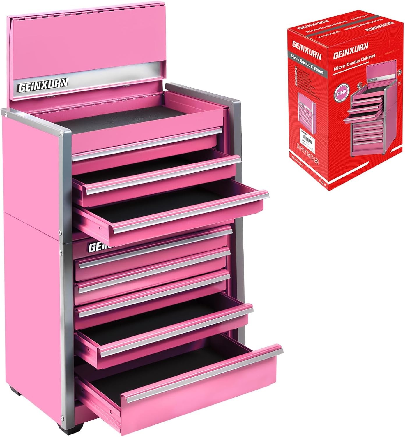 8-Drawer Rolling Pink Tool Box Heavy Duty Micro Roll Cab Steel Stackable Tool