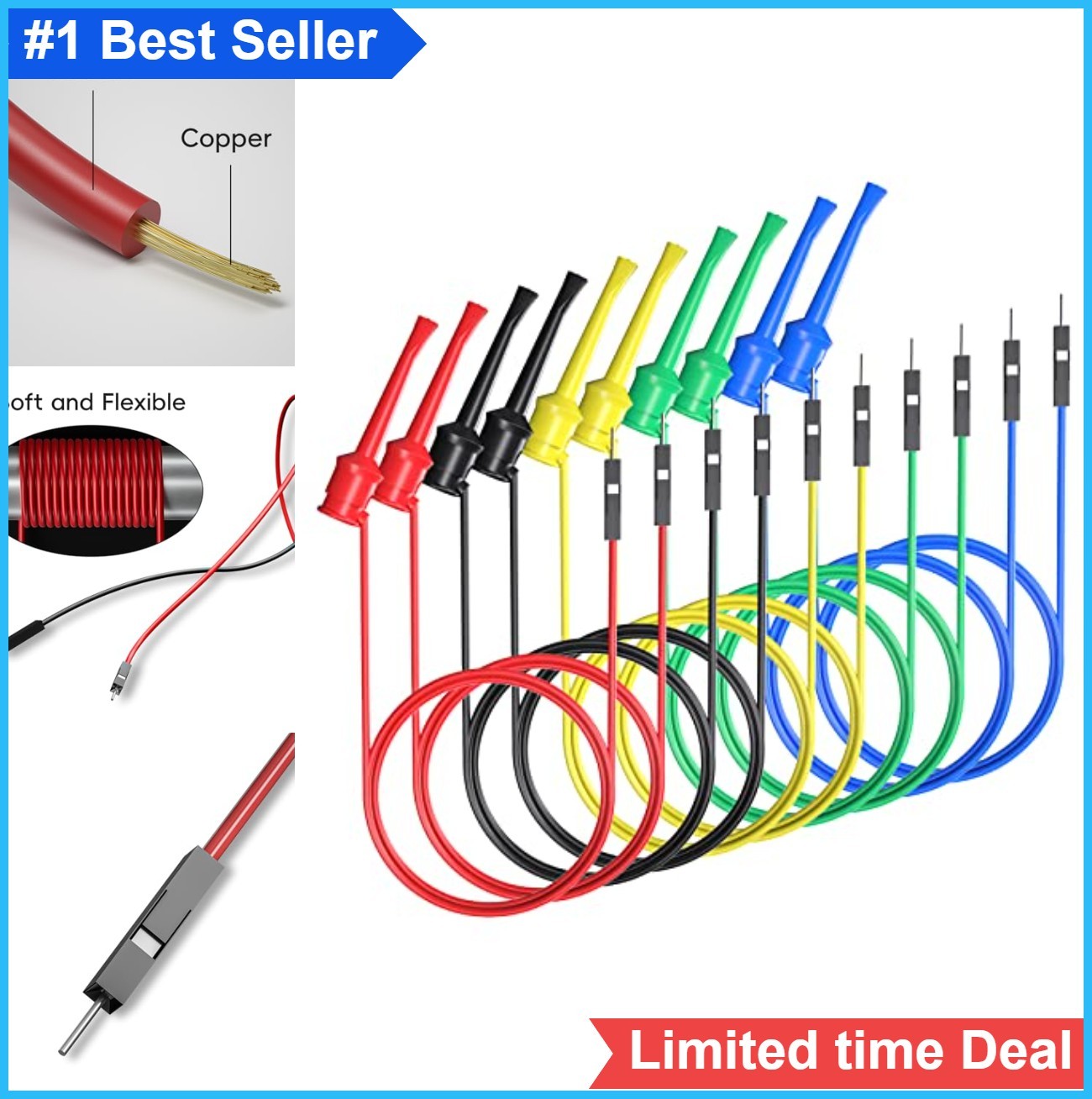 Test Hook Clips to Breadboard Male Jumper Wires 10 Pack Silicone Flexible 27cm