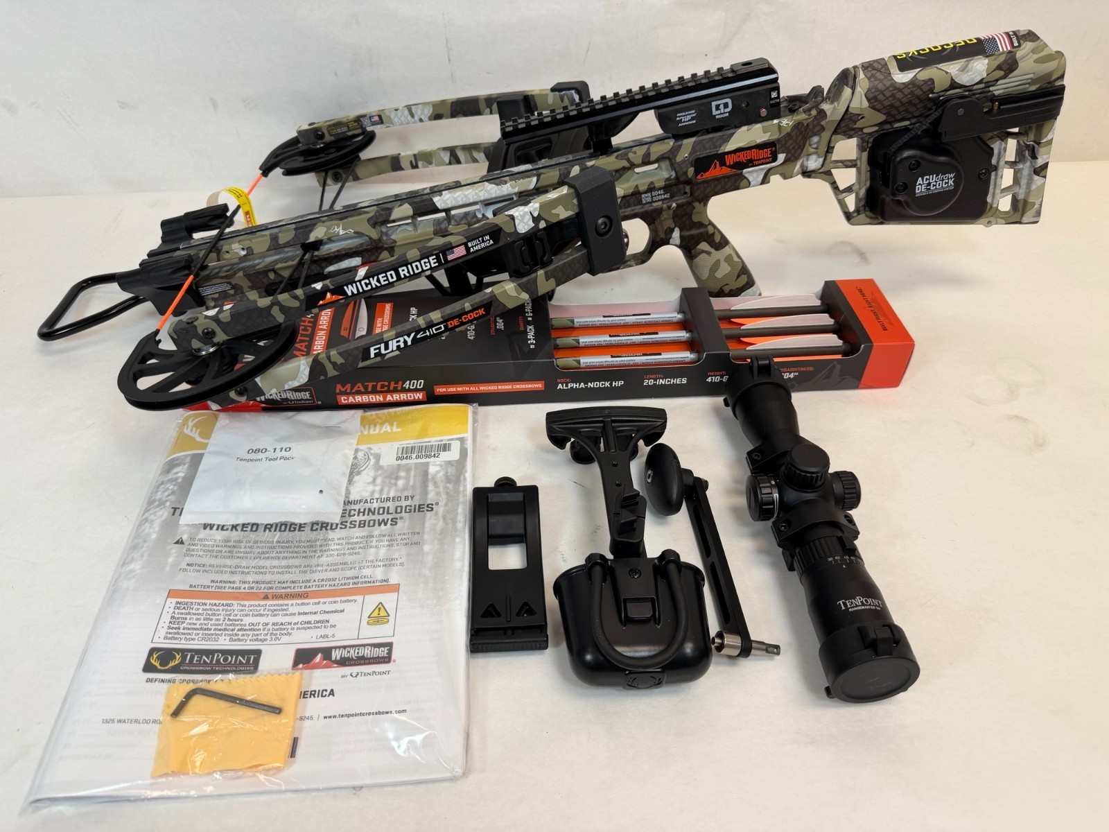 Wicked Ridge Fury 410 De-Cock Crossbow with Rangemaster 100 Scope- FREE S/H