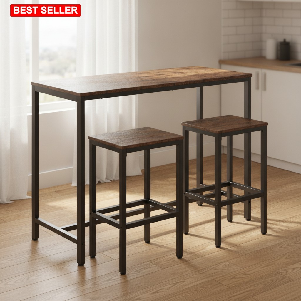 Table Chairs Set 47.2 Inch Rectangular Pub Steel Frame Rustic Brown