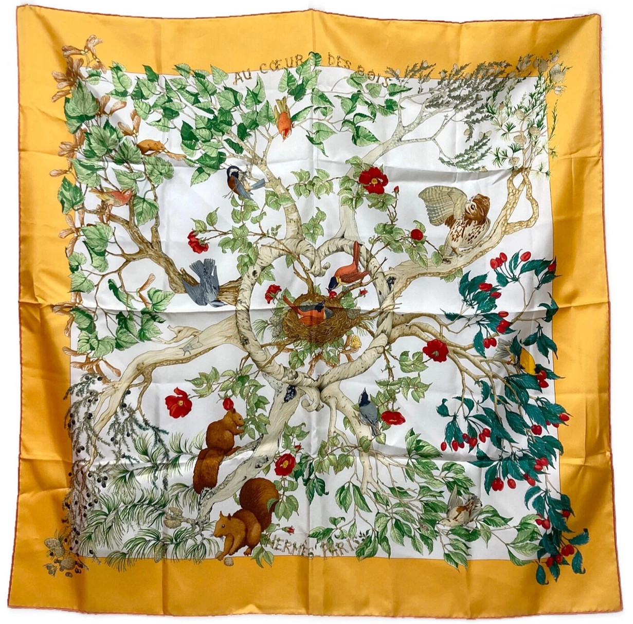HERMES Carré 90 Silk AU COEUR DES BOIS Forest Motif Used