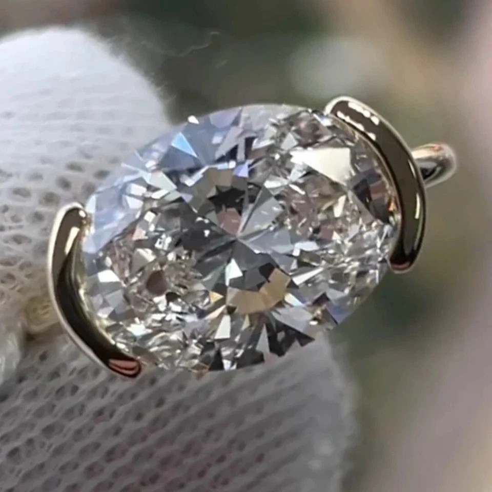 4CT Oval Cut Real Moissanite East West Bezel Wedding Ring 14k White Gold Plated