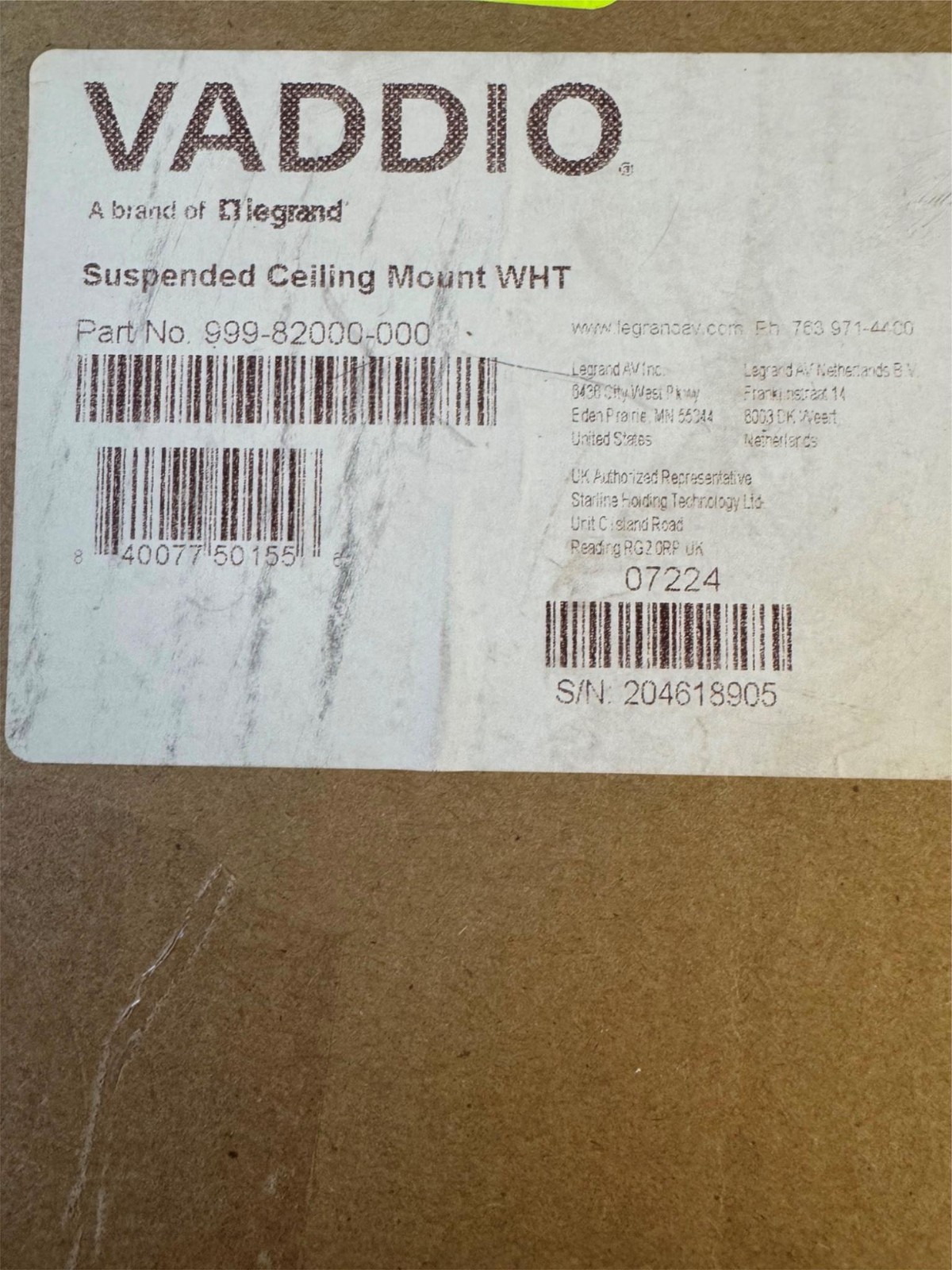 Vaddio Suspended Camera Mount 999-82000-000 White