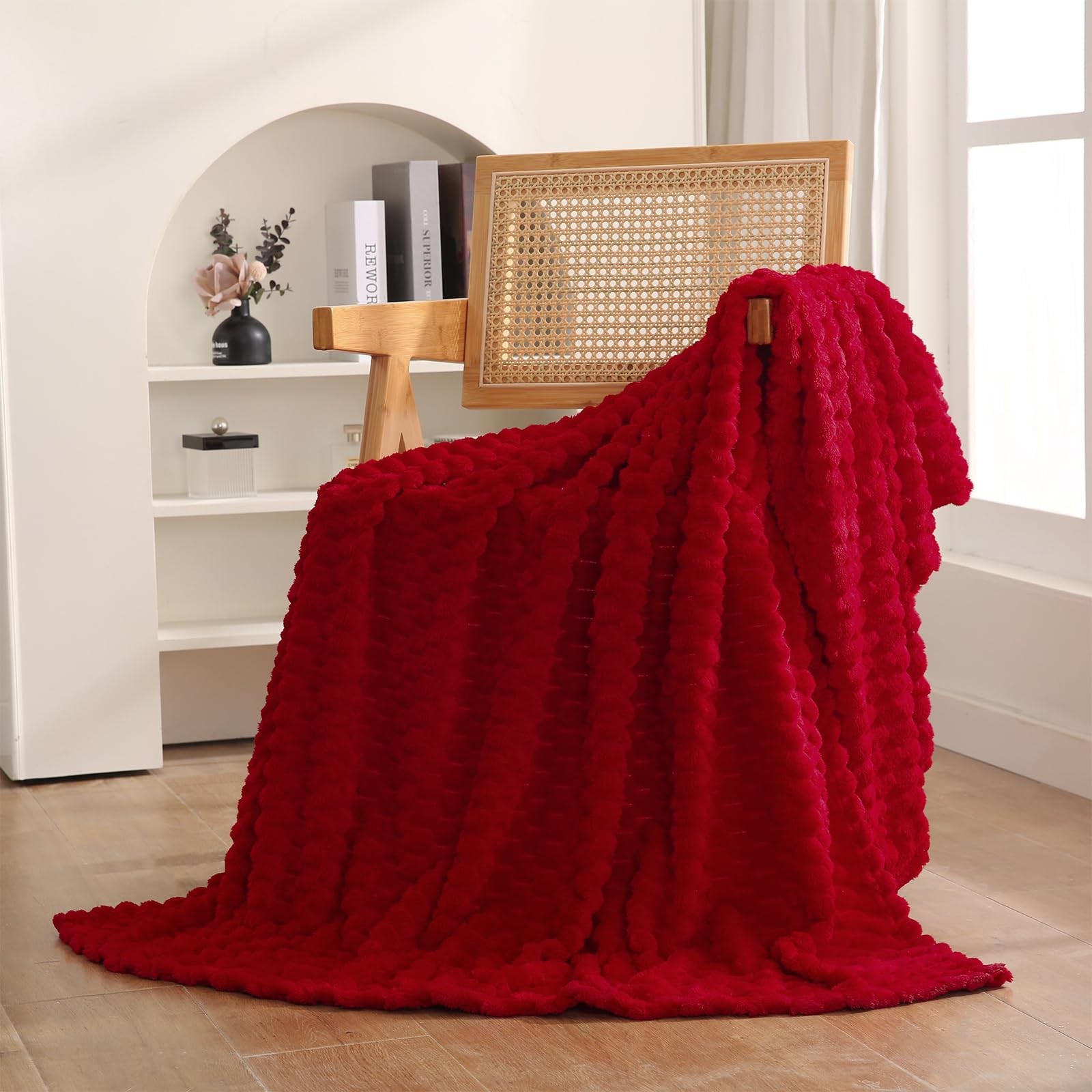 Red Throw Blanket 50"×60" inches Gifts for Mom Fuzzy 3D Jacquard Decorative F...