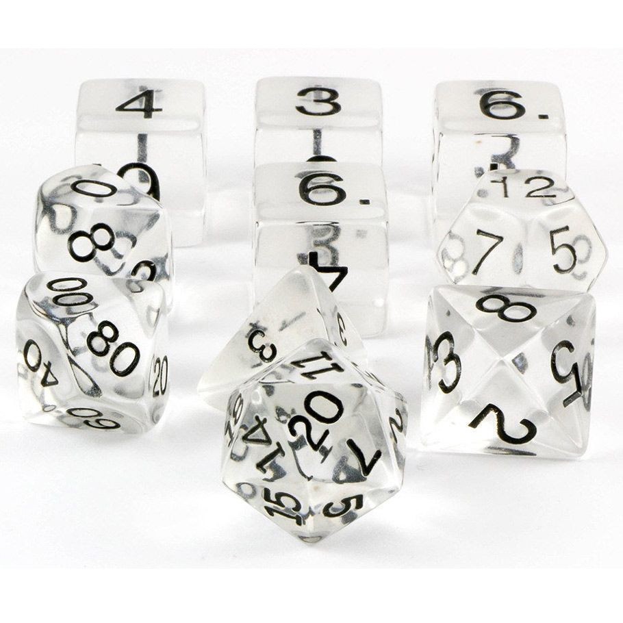 Koplow 10-Piece Translucent Clear Polyhedral Dice Set With Tube