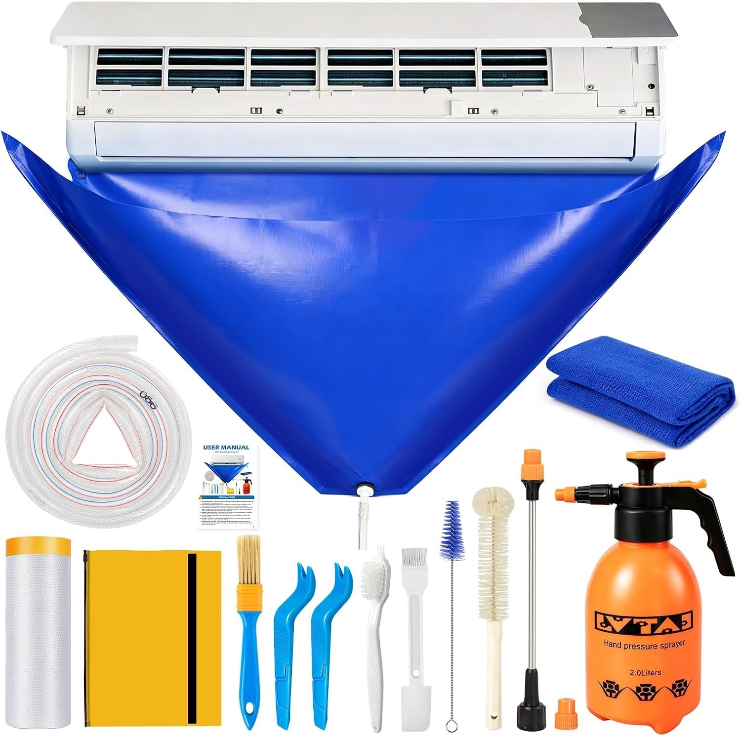 13Pcs Mini Split Cleaning Kit Bag with 2L High Pressure Sprayer, Air Conditioner