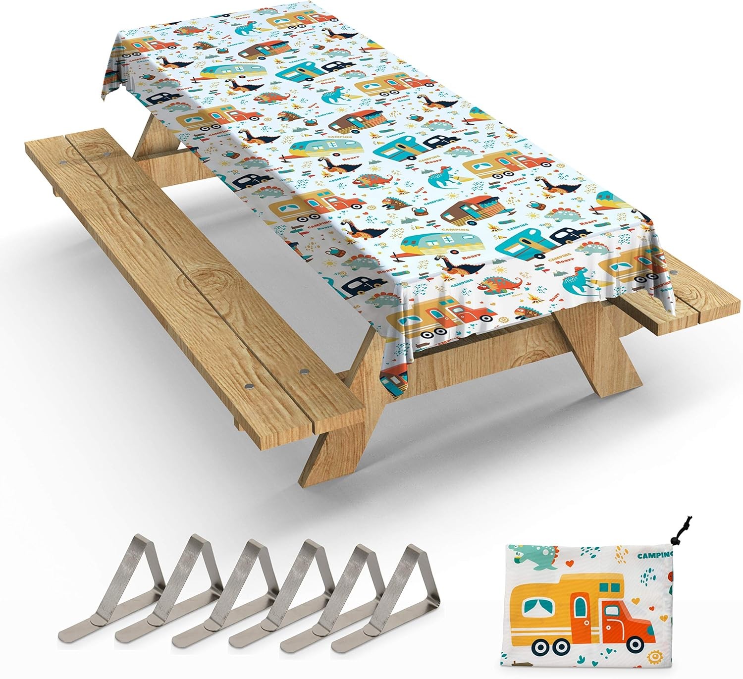 Extra Thick Camping Tablecloth with Clips & Storage Bag, Picnic Tablecloth, Fits