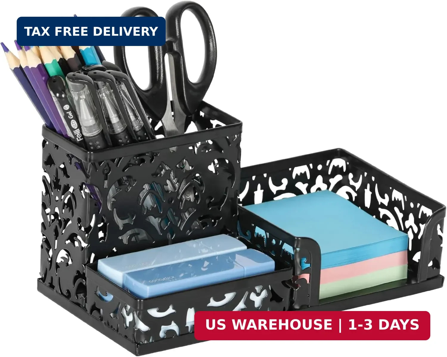Black 3 Compartment Metal Desk Organizer for Office Supplies
