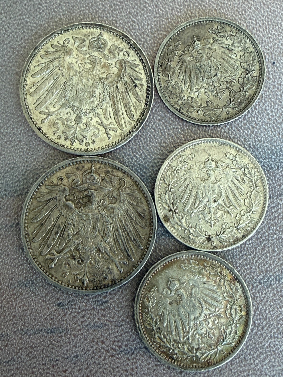 Germany 1915 Marks & One Half Marks .900 Silver Nice Vintage 5 Coin Lot
