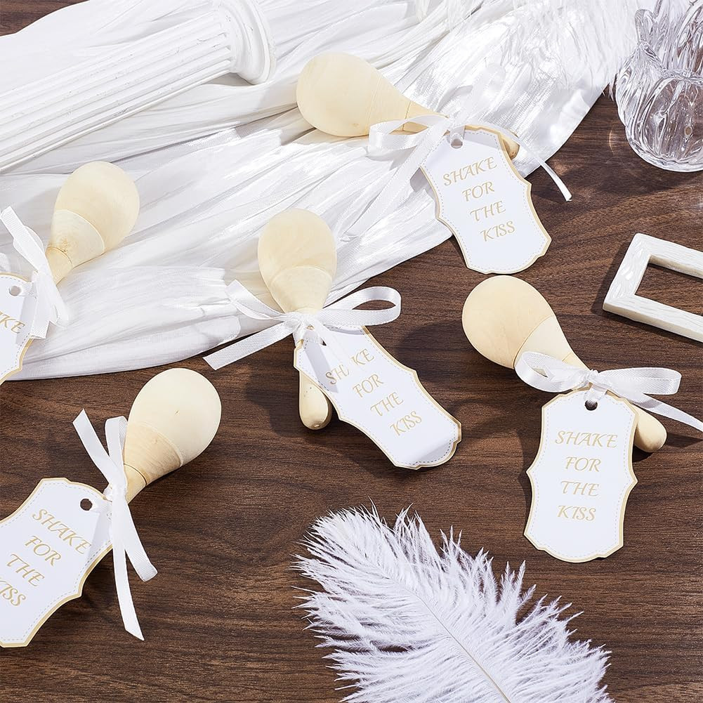 20 Pcs Mini Wooden Maracas Wedding Ivory Ribbon Card Tags Table Favours Musical
