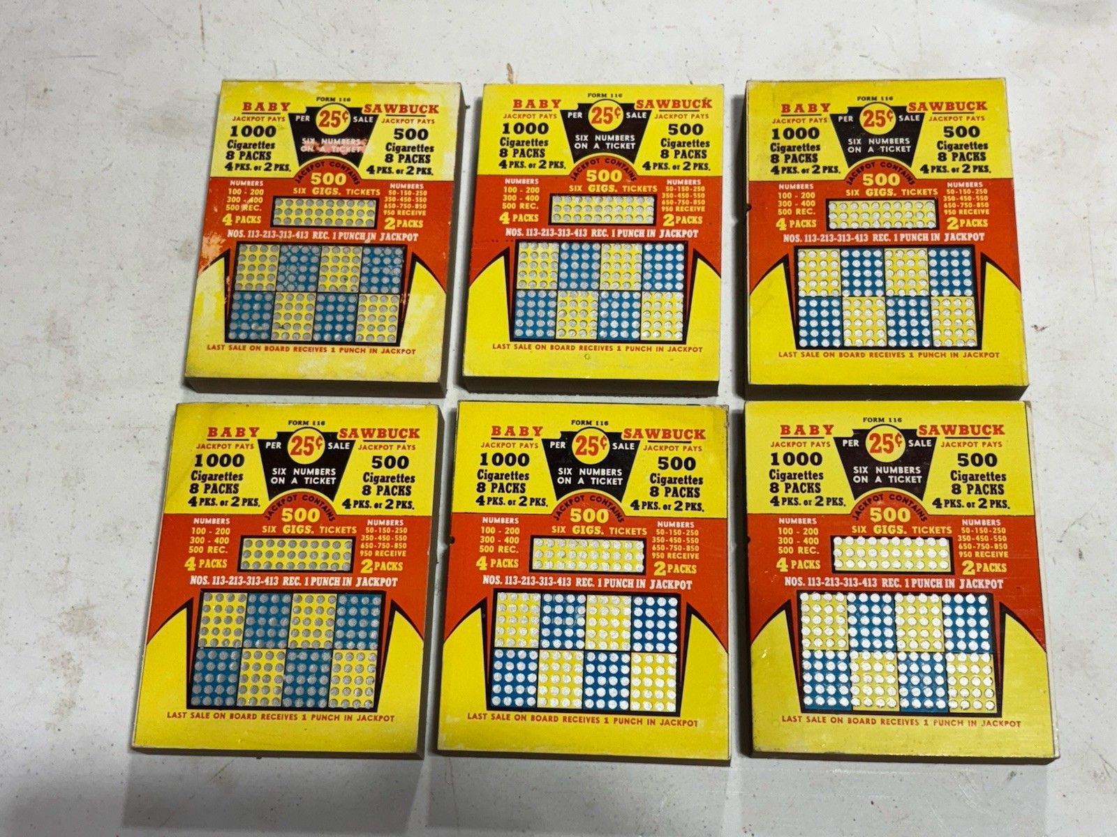 Lot of 6 - Vintage Unpunched BABY SAWBUCK Punch Boards