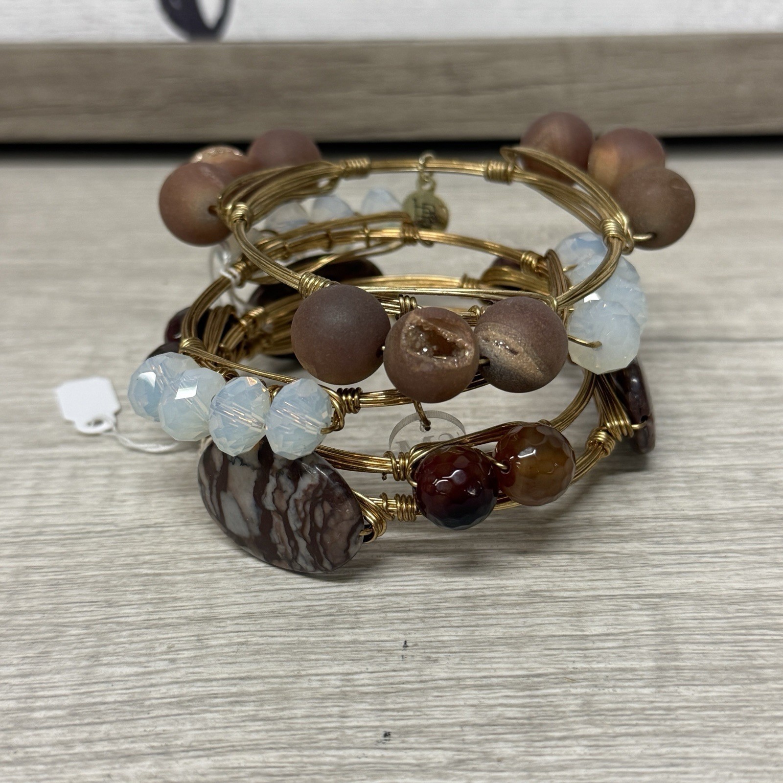 Curated Earthy Boho Bracelet Stack Wire Wrapped Agate Opalescent Artisan