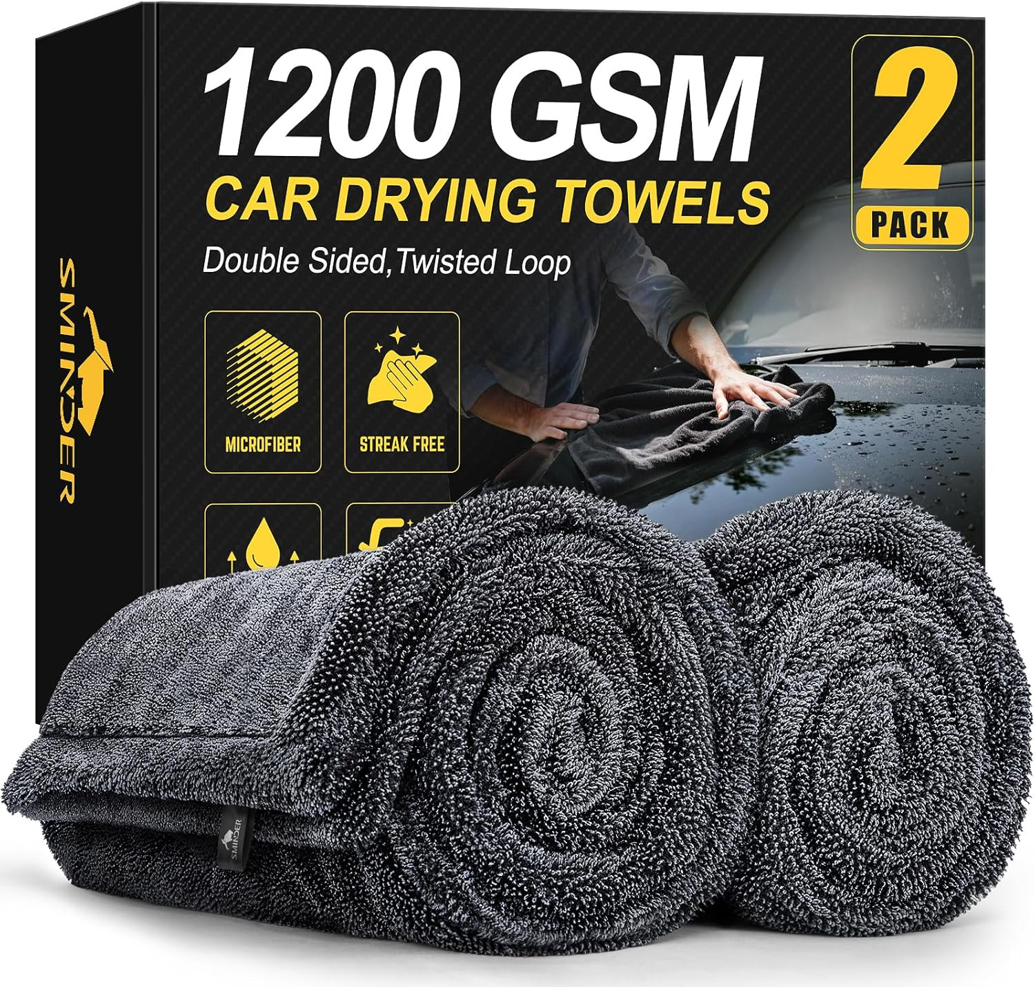 SMINDER 2-Pack 1200 GSM Car Drying Towels – Microfiber Towels for Cars (36" X 24