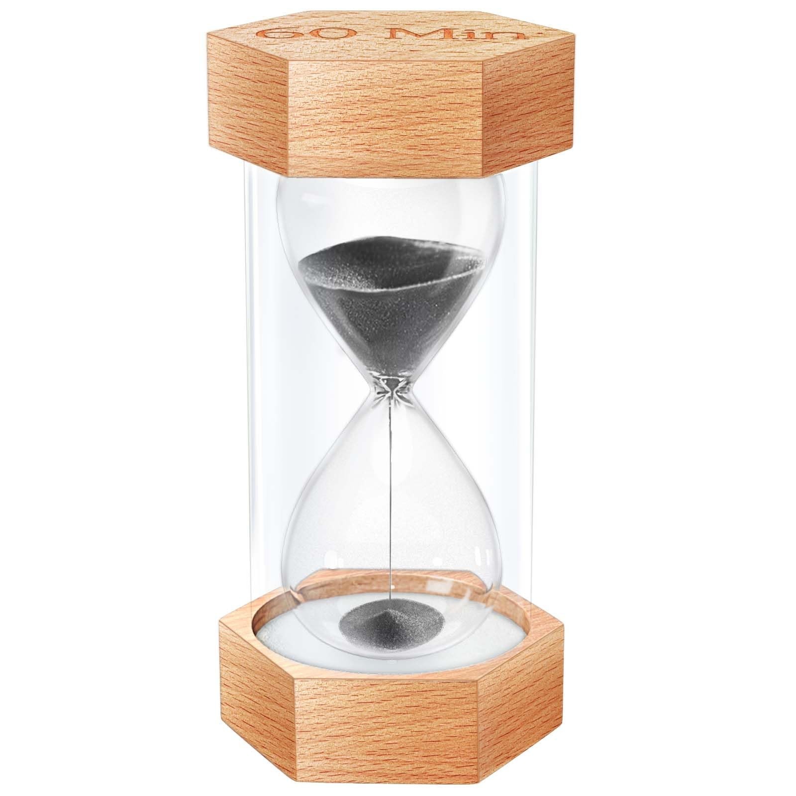 60-Minute Hourglass Sand Timer - Natural Wood Hexagonal Black Sand Clock for Rus