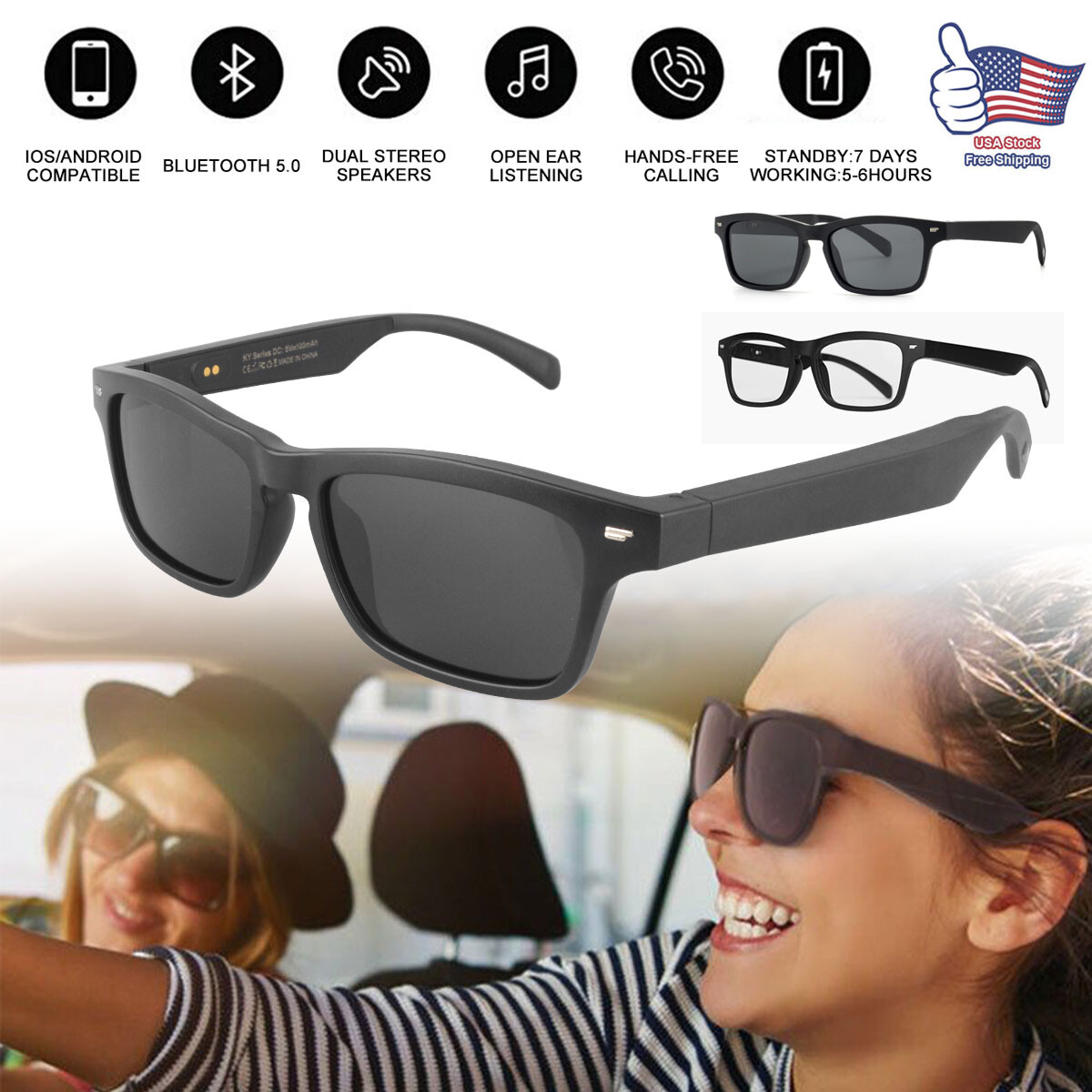 Smart Glasses Wireless Bluetooth Music Stereo Headset Audio Speaker Handsfree ~