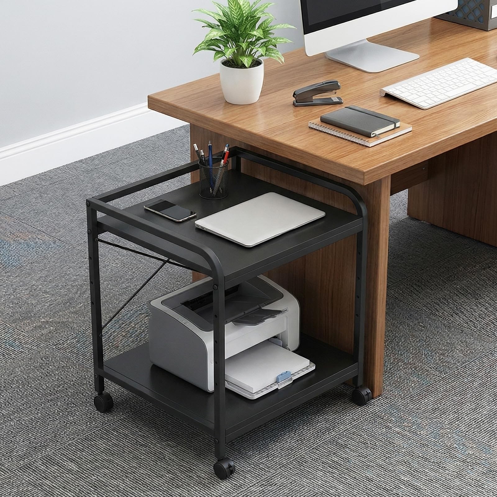 2 Tier Under Desk Printer Stand with Storage, 20" Deep Printer Table with Wheels