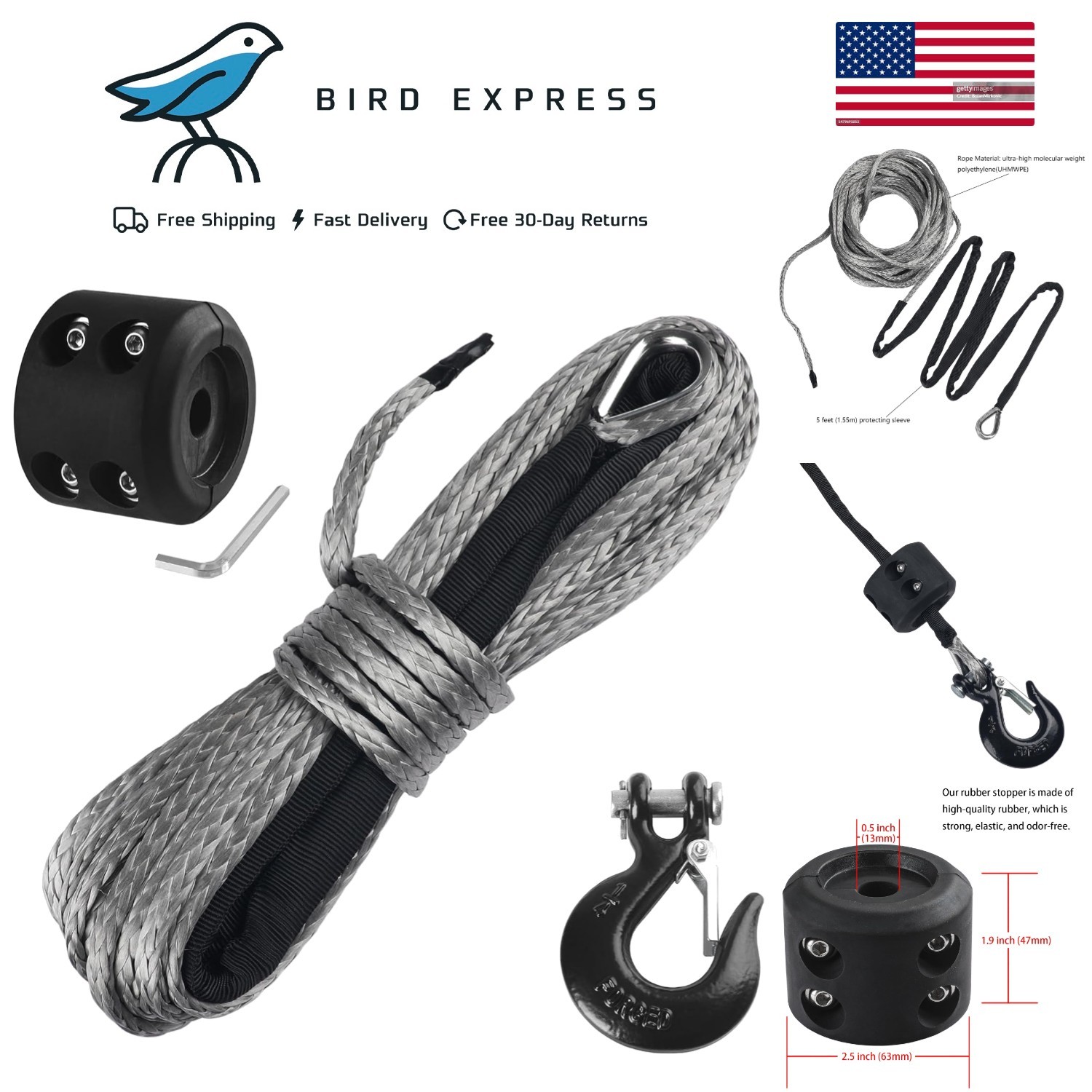Synthetic Winch Rope 3/16 inch x 50ft 8350 lb ATV UTV Gray with Hook and Stopper