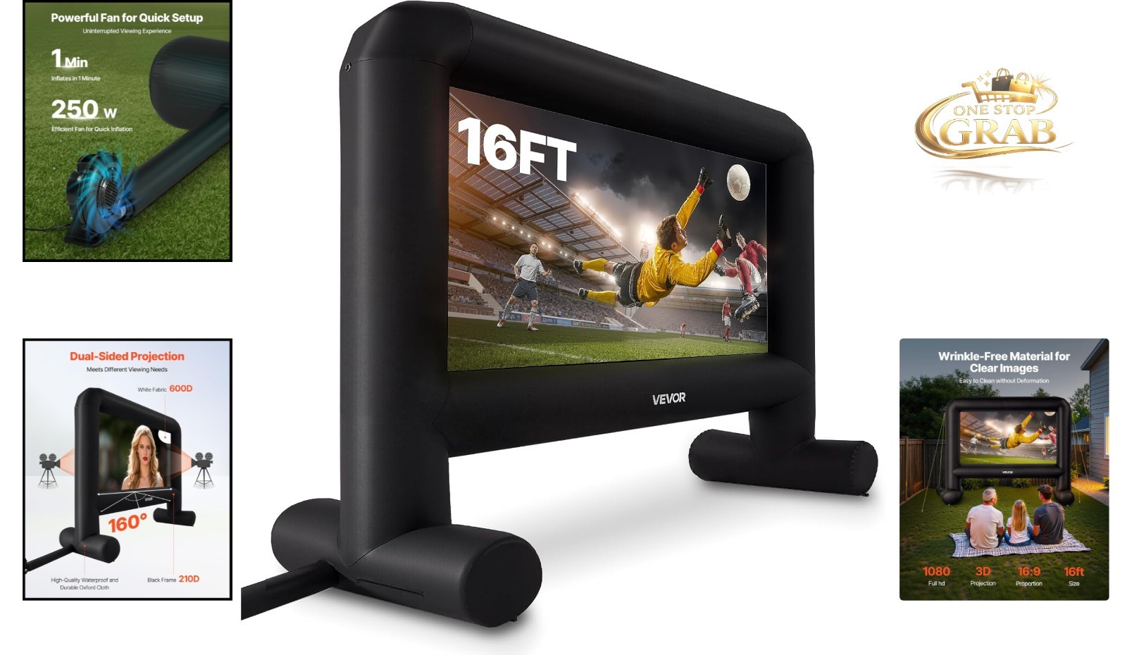 16FT Inflatable Outdoor Movie Screen Projector Screen with Bag - Easy Setup