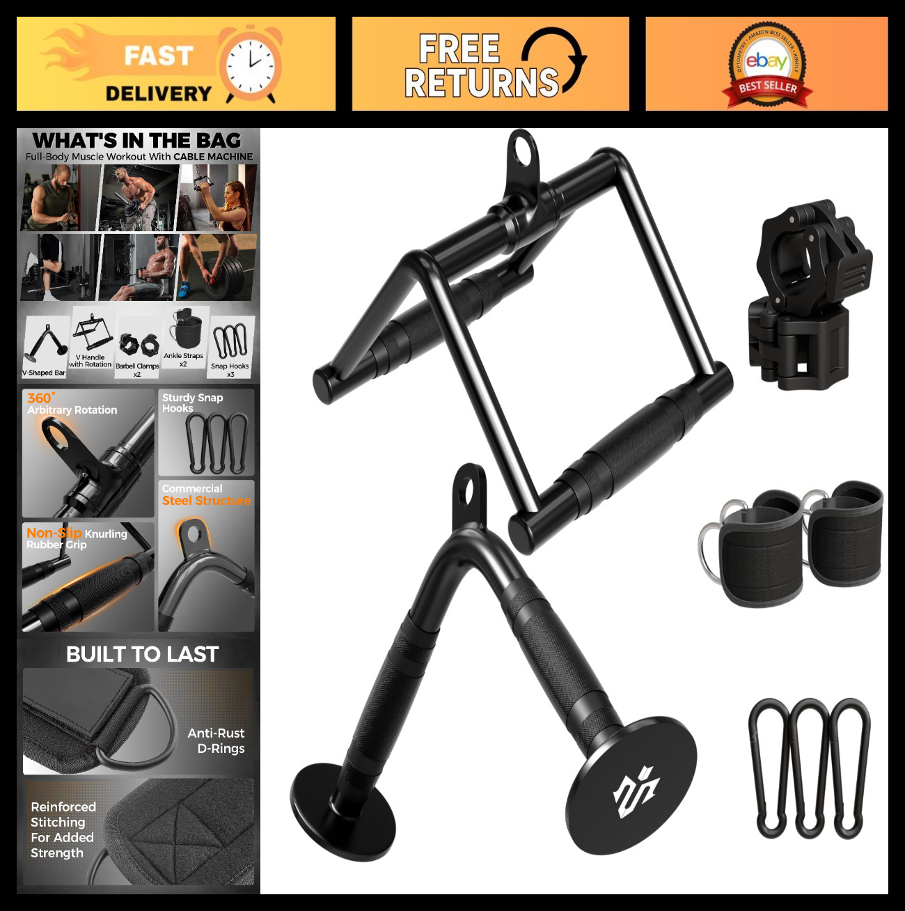 Heavy-Duty Cable Attachments Set for Gym - LAT Pulldown, V Bar, Double D Handle,