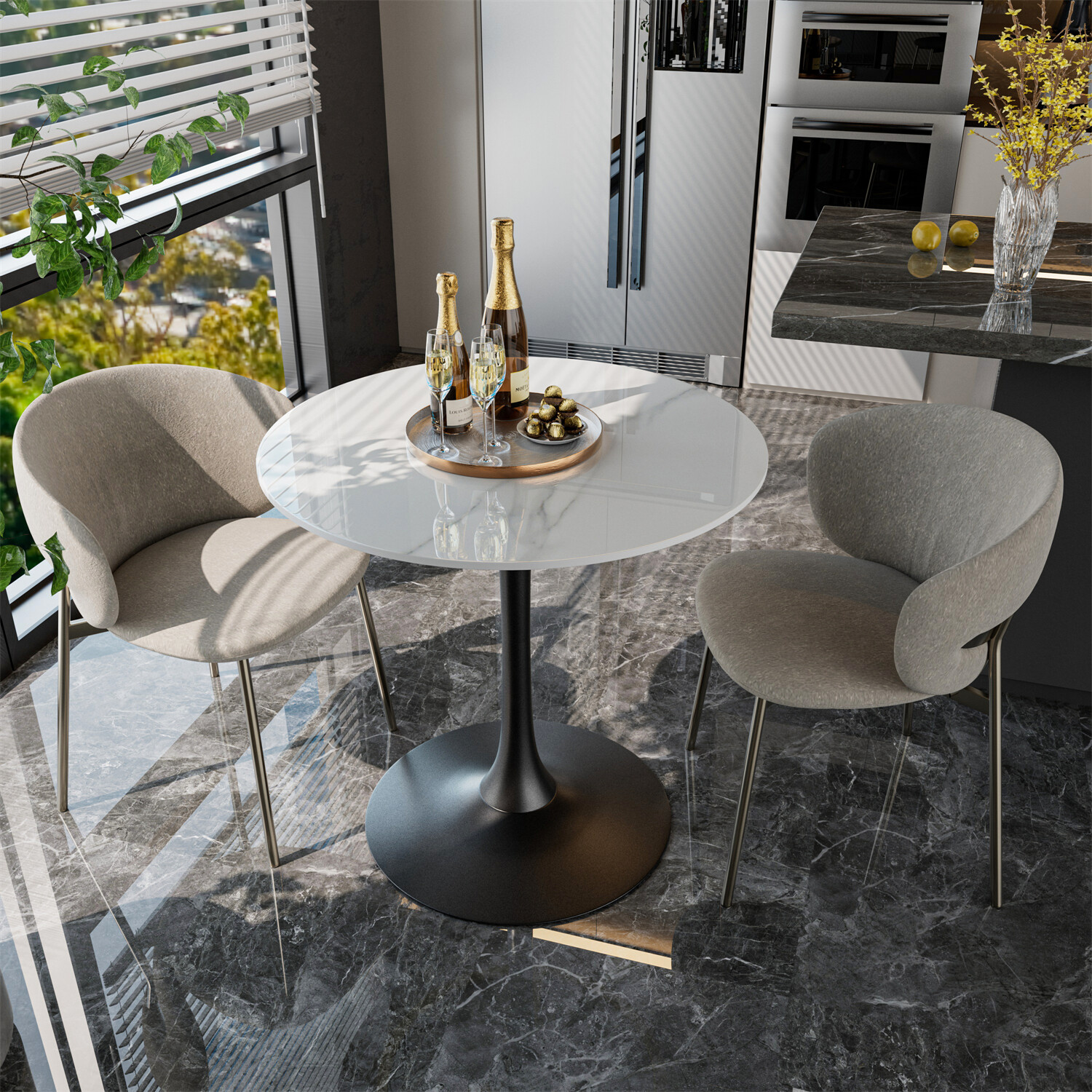 30” Diameter Round Kitchen Dining Table Bar Bistro Table Stone Top Metal Base