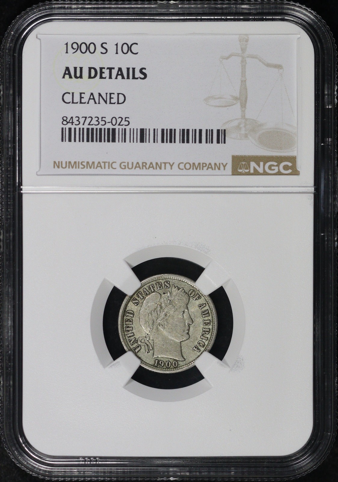 1900-S Barber Dime NGC AU Details Cleaned