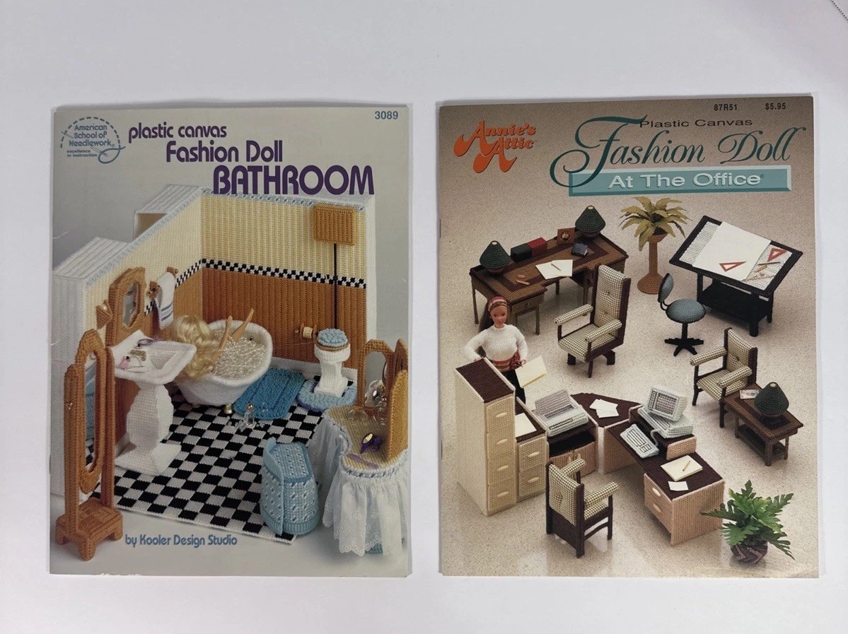 2  Plastic Canvas Fashion Doll Pattern Books Office & Bath Room