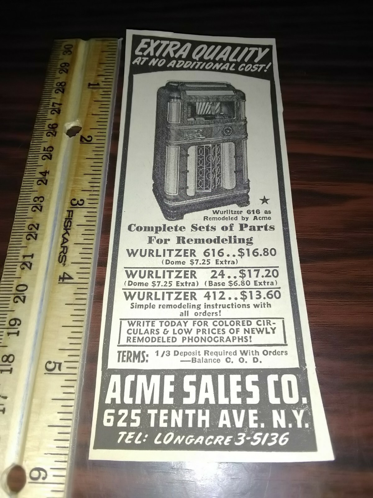 Wurlitzer 616 Jukebox advertising Coin Operated Machine