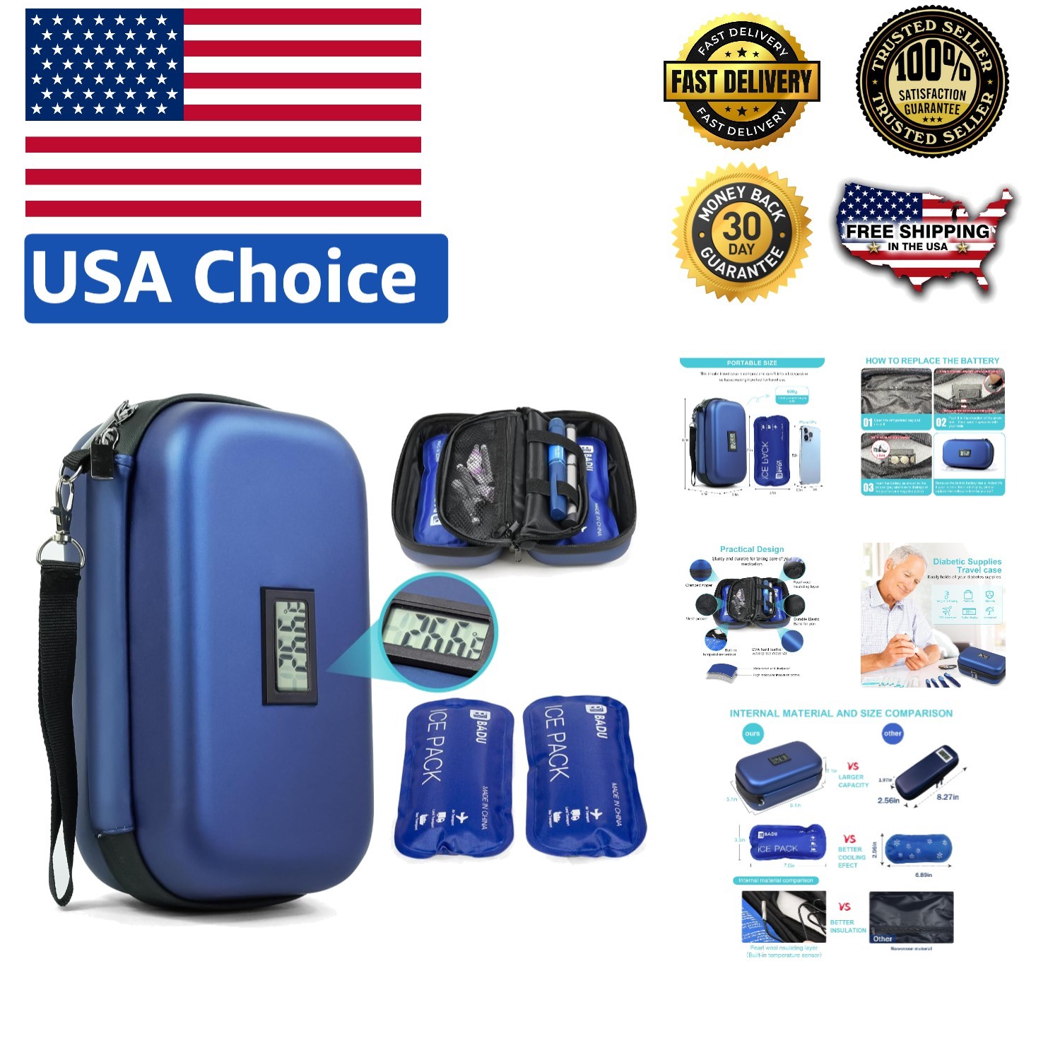 TSA Approved Insulin Cooler Travel Case with Temperature Display & 2 Ice Packs
