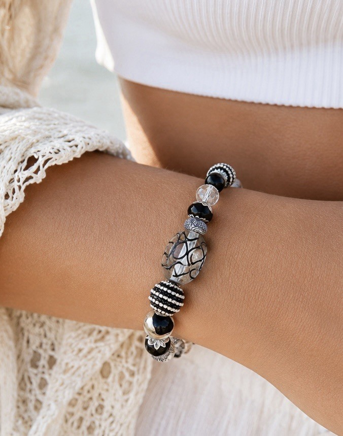 Artisan Black Silver Beaded Bracelet 7” Lampwork Glass Crystal Statement Piece