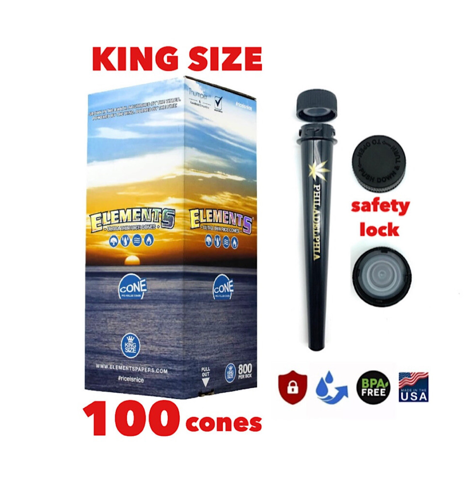 elements king size organic rice pre rolled cone(100PK)+Philly  tube