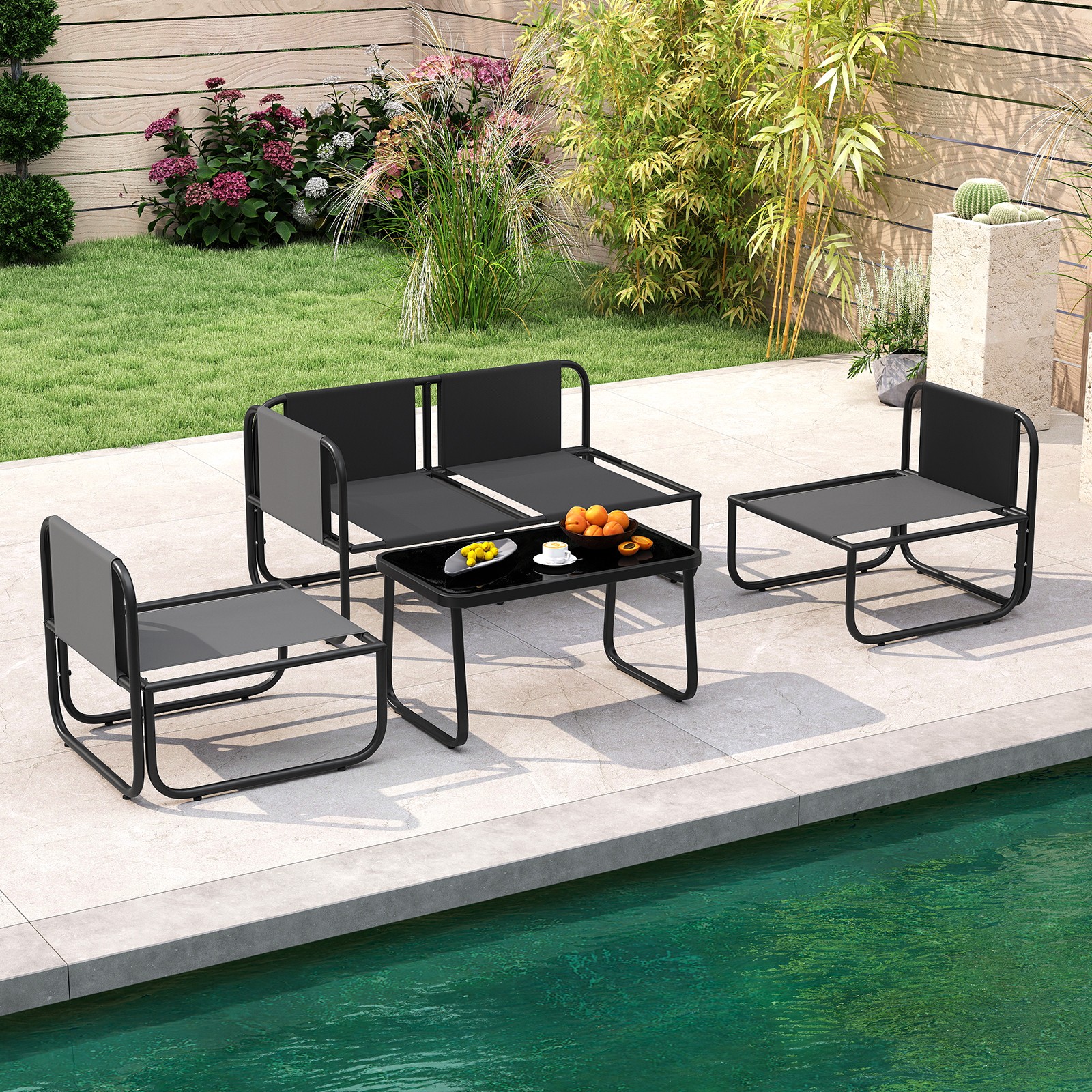 4 PCS Patio Furniture Set w/Cushions & Tempered Glass Coffee Table for Garden