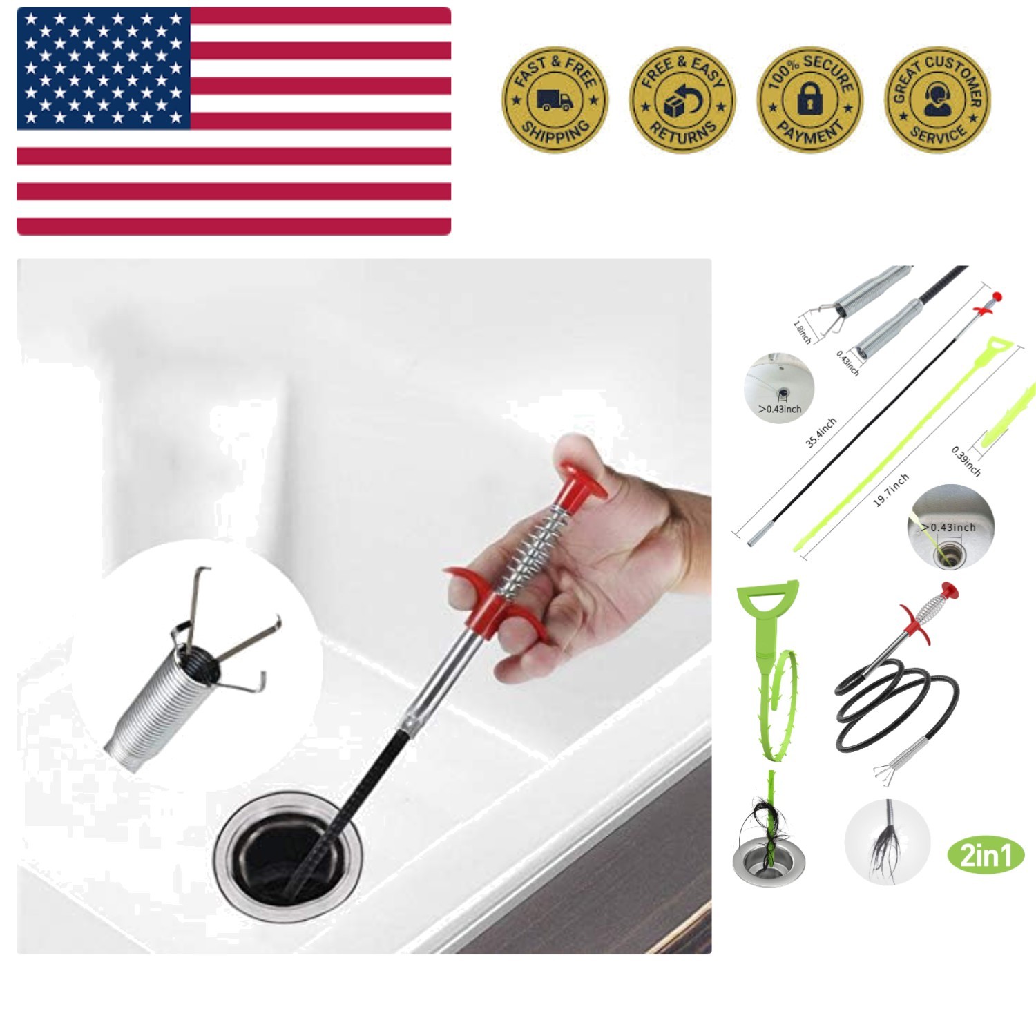 Flexible Grabber Claw Pick Up Reacher Tool Drain Clog Remove Tool, With 4 Cla...