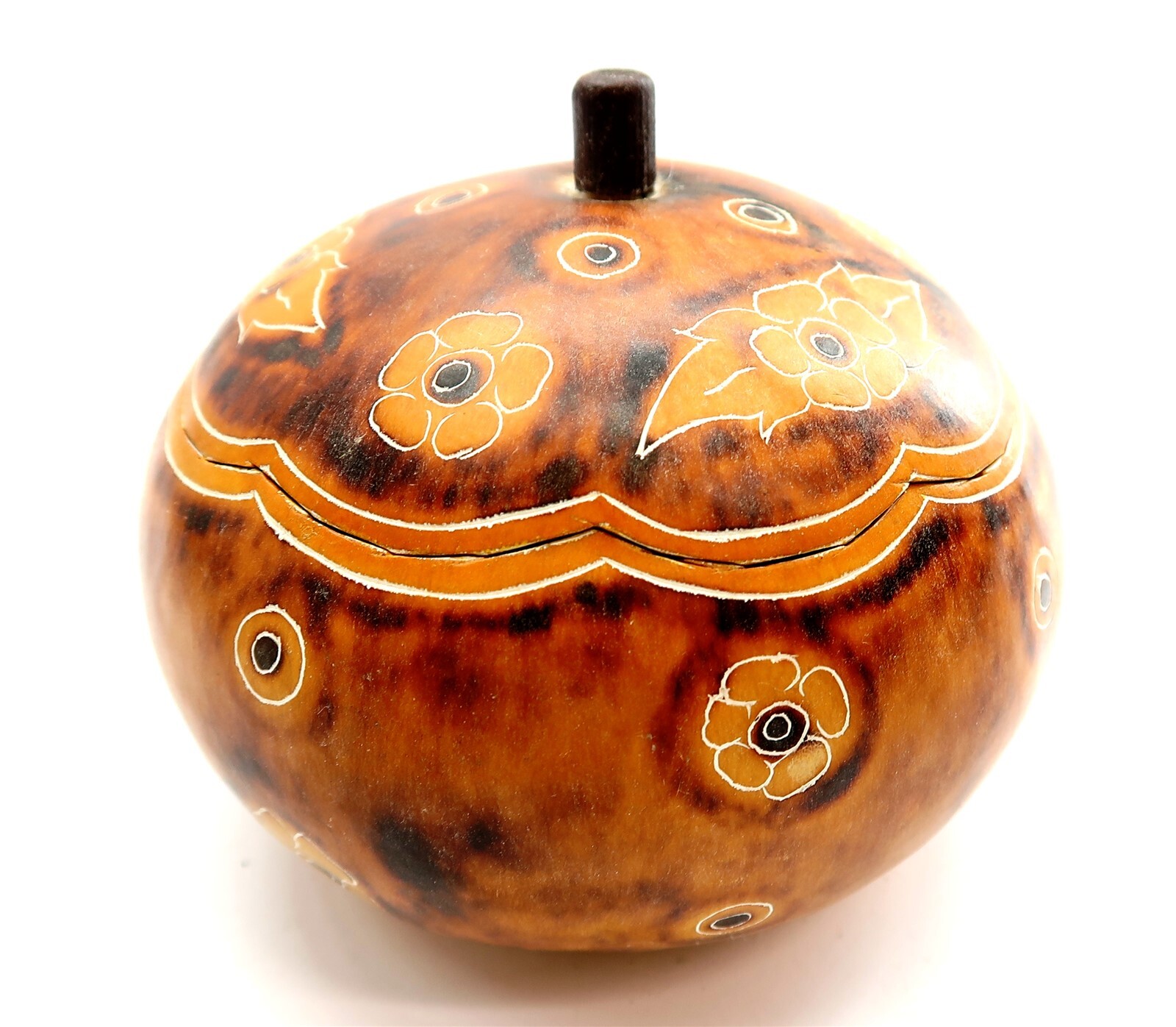 Peruvian Decorative TRINKET BOX Gourd Folk Art with Flowers from Peru 3.5" Tall